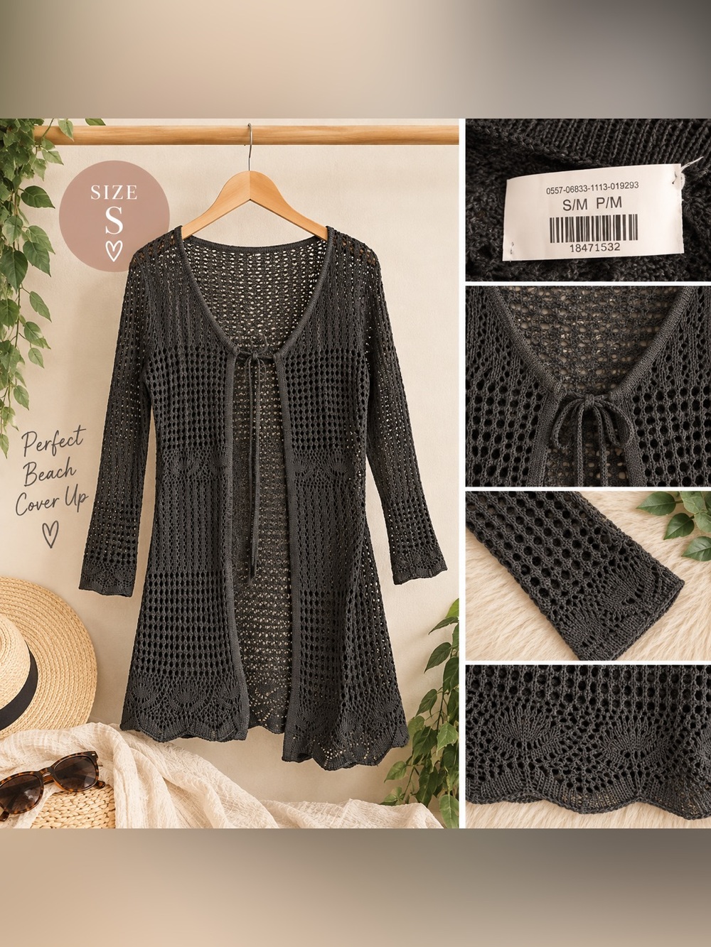 Black Crochet Open Knit Beach Swim Cover Up – Size Small